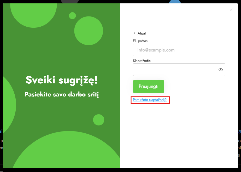 Prisijungimo puslapio nuoroda slaptažodžio atkūrimui